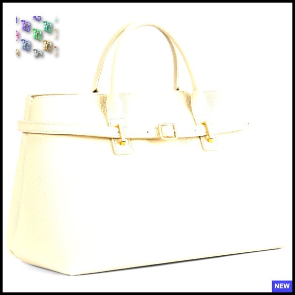 Vegan Leather Satchel Tote with Gold Buckle Belt Adjustable Strap Elegant